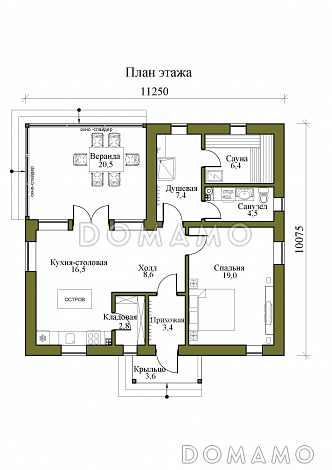Проект одноэтажной бани в стиле хай-тек со скатной кровлей / План 1 этажа Проект одноэтажной бани в стиле хай-тек со скатной кровлей / План 1 этажа