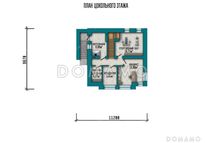 Проект одноэтажного дома с мансардой, большой террасой и навесом на два автомобиля / План цокольного этажа