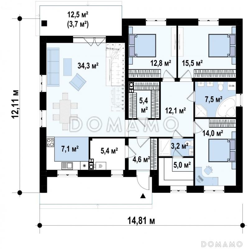 Проект современного дома с мансардным этажом, кладовой, душевой и сауной на первом этаже / План 1 этажа