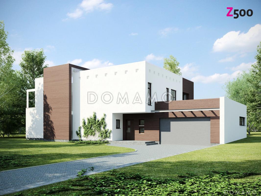 Проект современного просторного двухэтажного дома из кирпича в стиле кубизм с гаражом и террасой над ним / 2