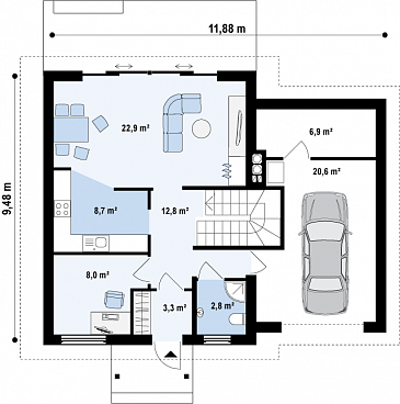 Проект классического одноэтажного мансардного дома из газобетона с четырьмя спальнями и гаражом / План 1 этажа Проект классического одноэтажного мансардного дома из газобетона с четырьмя спальнями и гаражом / План 1 этажа