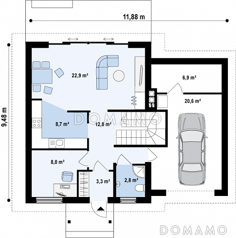 Проект классического одноэтажного мансардного дома из газобетона с четырьмя спальнями и гаражом / План 1 этажа Проект классического одноэтажного мансардного дома из газобетона с четырьмя спальнями и гаражом / План 1 этажа