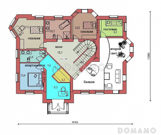 Проект двухэтажного дома с цоколем и мансардой, с сауной, бассейном и вторым светом  / План 2 этажа Проект двухэтажного дома с цоколем и мансардой, с сауной, бассейном и вторым светом  / План 2 этажа