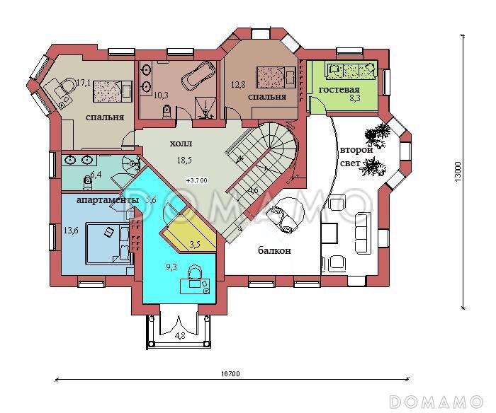 Проект двухэтажного дома с цоколем и мансардой, с сауной, бассейном и вторым светом  / План 2 этажа