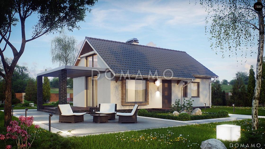 Проект компактного одноэтажного дома из кирпича с тремя спальнями, с высоким остеклением в гостиной / 1