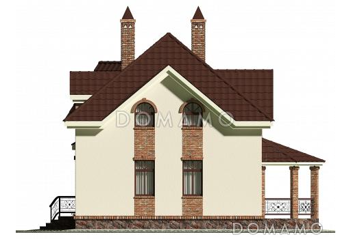 Проект квадратного кирпичного коттеджа  со входом с угла / Фасад 3