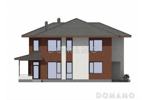 Проект двухэтажного дома из газобетона с крытой террасой, просторной гостиной с камином / Фасад 3