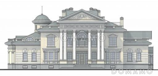 Проект просторного коттеджа с бассейном, бильярдной и парадной гостиной / Фасад 1