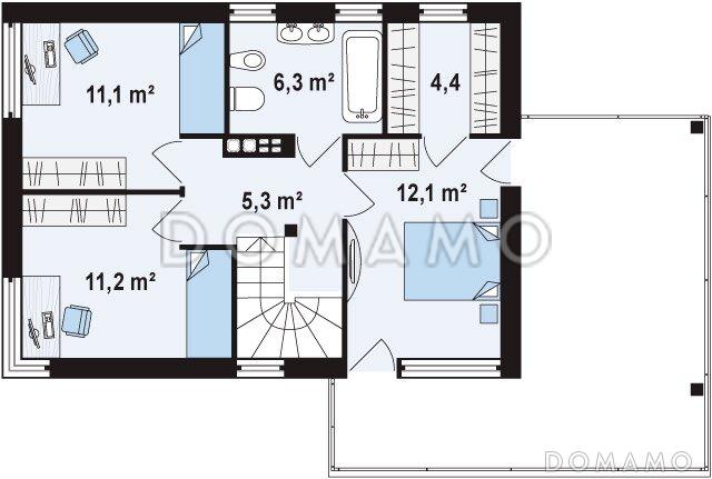 Проект современного двухэтажного дома из кирпича с плоской крышей с кабинетом, гаражом и крытыми террасами на обоих уровнях / План 2 этажа