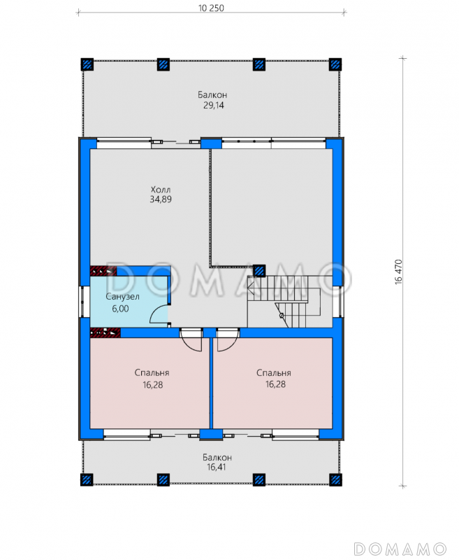 Проект дома с террасами и балконами, спальней на первом этаже, большой кухней столовой, просторным холлом / План 2 этажа