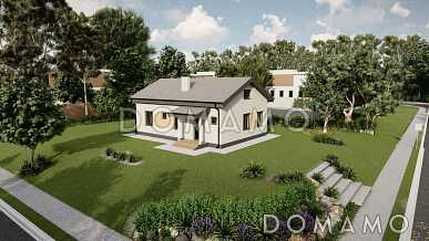 Проект компактного дома с тремя спальнями и проходной кухней-гостиной Проект компактного дома с тремя спальнями и проходной кухней-гостиной