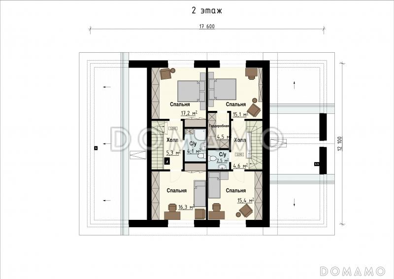 Проект загородного дома с гаражом, верандой и террасой, сауной, отдельными лестницами на мансардный этаж в гостевую и хозяйскую часть / План мансардного этажа