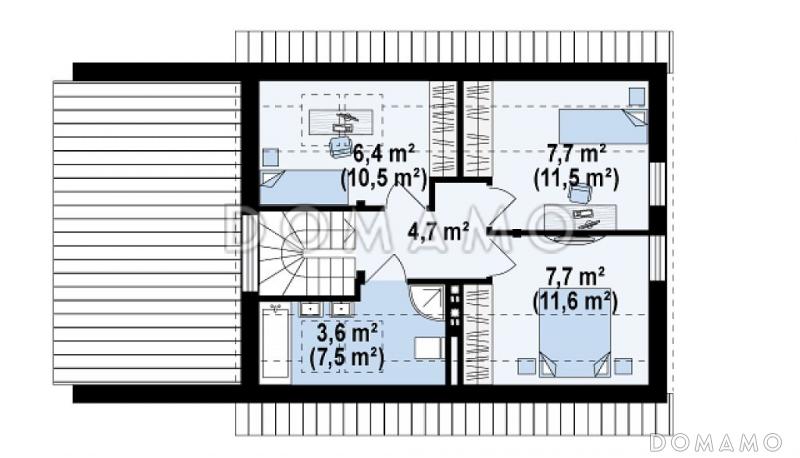 Проект компактного одноэтажного мансардного дома из газобетона с дополнительной спальней на первом этаже и гаражом / План мансардного этажа