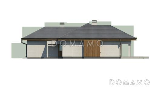 Проект одноэтажного дома из кирпича с большой гостиной, тремя спальнями и гаражом на два автомобиля / Фасад 4