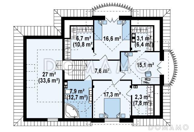 Проект одноэтажного мансардного дома из кирпича с двумя балконами, барбекю на террасе и гаражом / План мансардного этажа