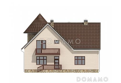 Проект дома с башней, окнами в пол на веранде, с балконом и лоджией / Фасад 4