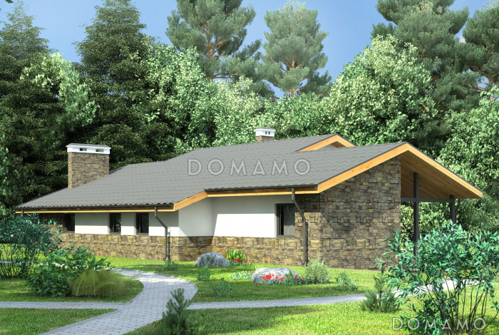 Проект одноэтажного дома с навесом для автомобиля, парной и душевой, двумя спальнями Проект одноэтажного дома с навесом для автомобиля, парной и душевой, двумя спальнями