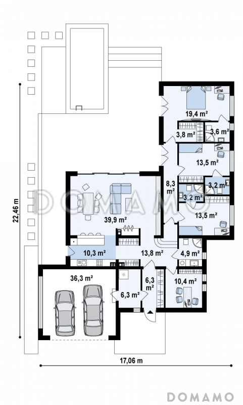Проект просторного современного одноэтажного дома из кирпича с плоской крышей, с большой гостиной, террасой и гаражом / План 1 этажа