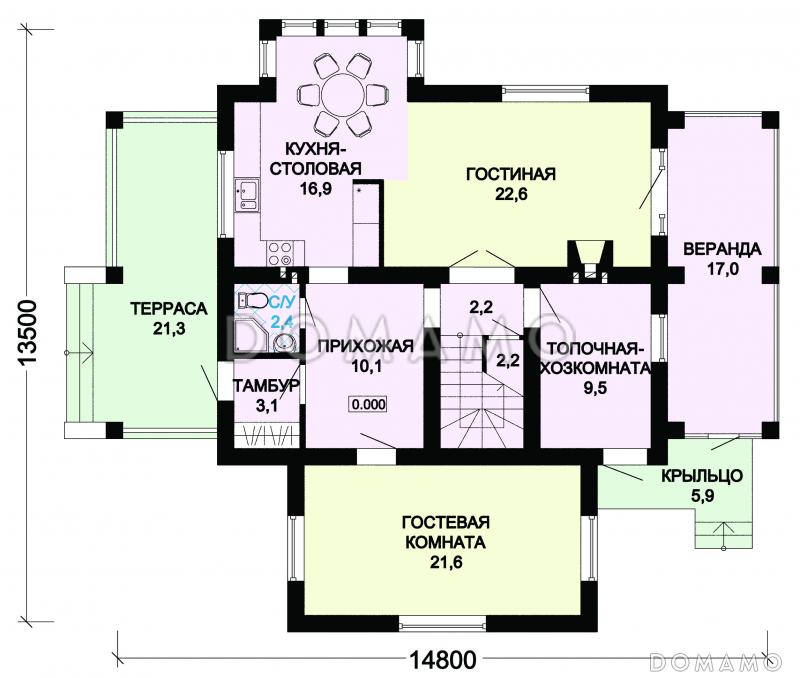 Проект двухэтажного дома из пеноблоков в бежево-коричневом цвете с верандой / План 1 этажа