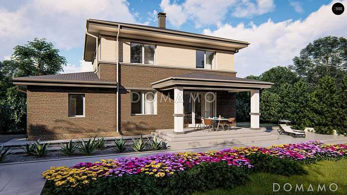 Проект двухэтажного дома из кирпича с гаражом, кабинетом, террасой