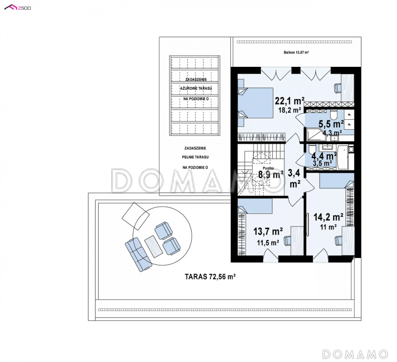 Проект дома с большой террасой на мансардном этаже и гаражом / План мансардного этажа