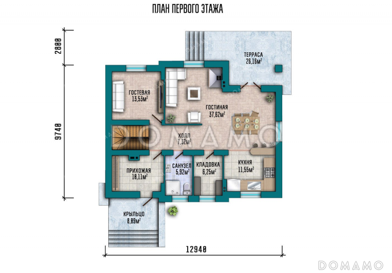 Проект одноэтажного дома с мансардой, большой террасой и подвалом / План 1 этажа Проект одноэтажного дома с мансардой, большой террасой и подвалом / План 1 этажа
