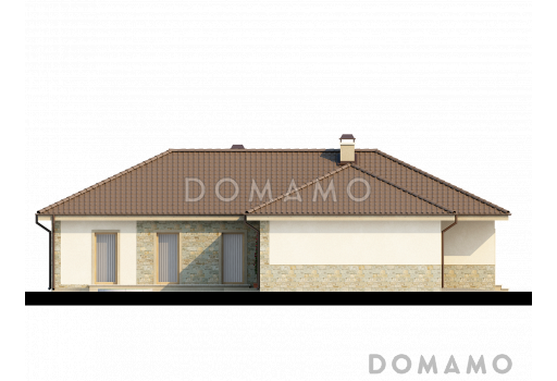 Проект просторного одноэтажного дома из кирпич с тремя спальнями, большой гардеробной и гаражом на два автомобиля / Фасад 3
