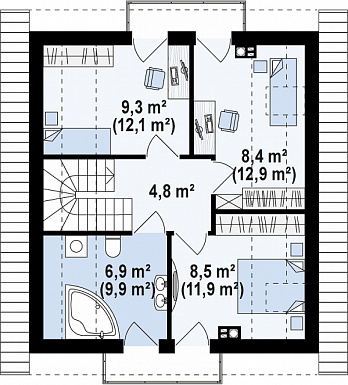 Проект классического одноэтажного мансардного дома из кирпича с эркером в столовой зоне, балконами и хозяйственным помещением / План мансардного этажа Проект классического одноэтажного мансардного дома из кирпича с эркером в столовой зоне, балконами и хозяйственным помещением / План мансардного этажа