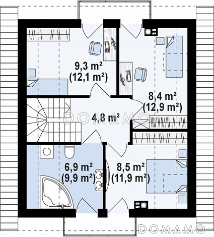 Проект классического одноэтажного мансардного дома из кирпича с эркером в столовой зоне, балконами и хозяйственным помещением / План мансардного этажа Проект классического одноэтажного мансардного дома из кирпича с эркером в столовой зоне, балконами и хозяйственным помещением / План мансардного этажа