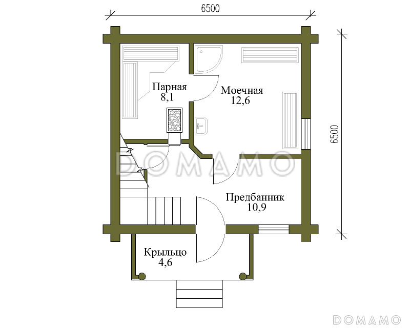 Проект бани с мансардой в русском стиле / План 1 этажа