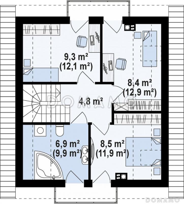Проект классического одноэтажного мансардного дома из кирпича с эркером в столовой зоне, балконами и хозяйственным помещением / План мансардного этажа