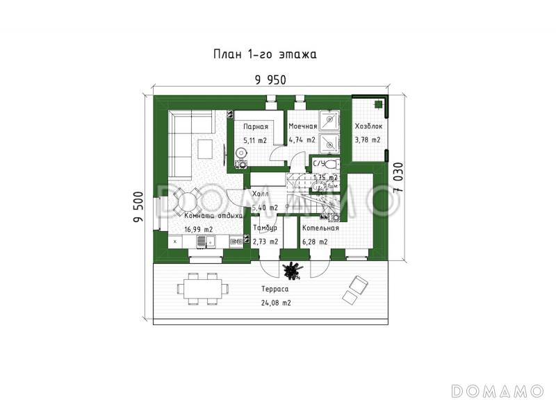 Проект дома с мансардой, балконом, террасой и сауной / План 1 этажа