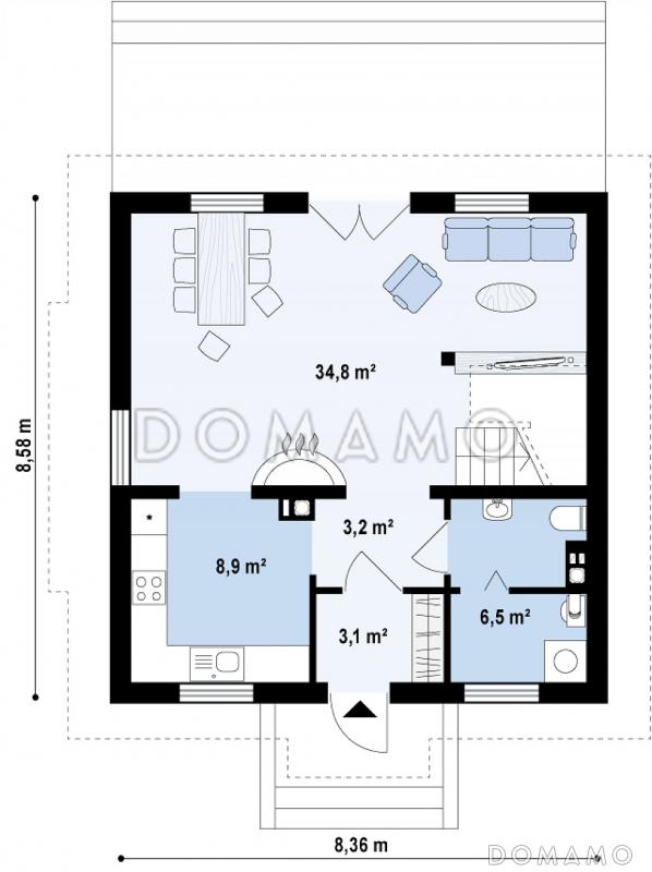 Проект одноэтажного мансардного дома из газобетона с тремя спальнями, балконом и красивыми мансардными окнами / План 1 этажа