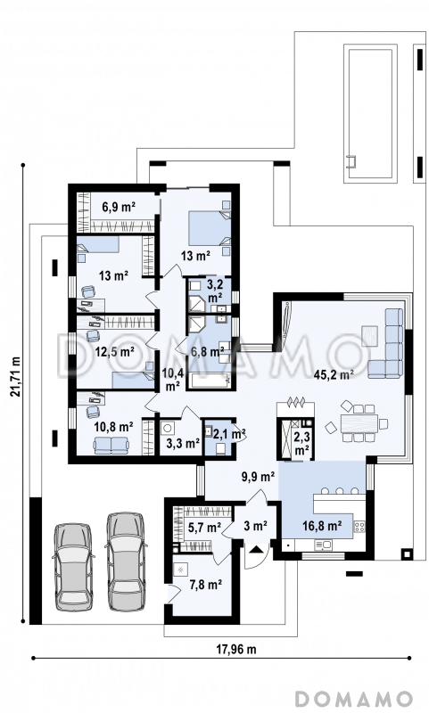 Проект просторного современного одноэтажного дома из газобетона с плоской крышей с четырьмя спальнями, террасой и крытым навесом для двух автомобилей / План 1 этажа