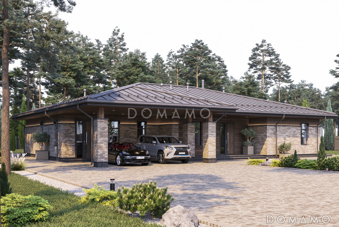 Проект одноэтажного дома с навесом для автомобилей, барбекю на террасе, сауной и 3 спальнями