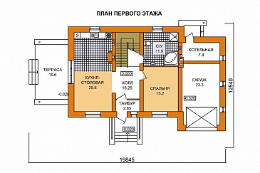 Проект дома из пеноблоков с террасой имеющей прозрачный навес / План 1 этажа Проект дома из пеноблоков с террасой имеющей прозрачный навес / План 1 этажа