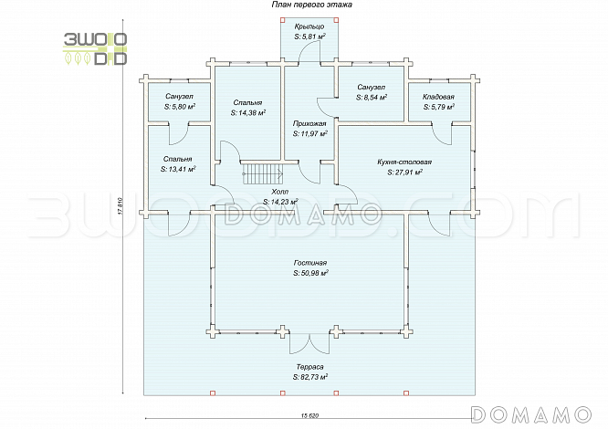 1668 - дом из клееного бруса с большой гостиной и 4 спальнями / План 1 этажа 1668 - дом из клееного бруса с большой гостиной и 4 спальнями / План 1 этажа