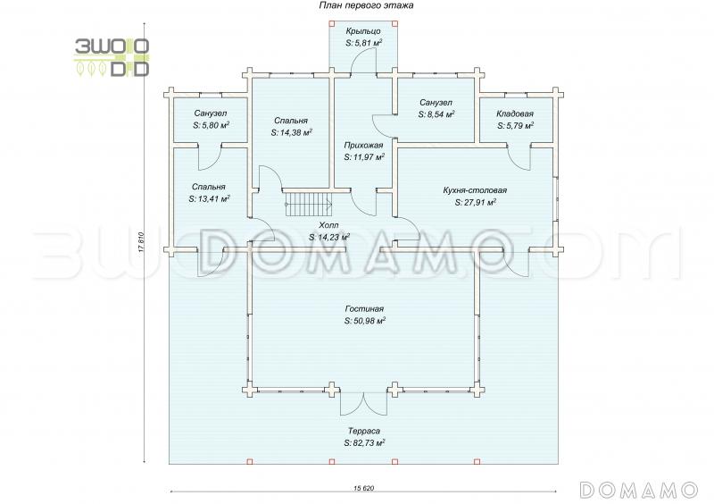 1668 - дом из клееного бруса с большой гостиной и 4 спальнями / План 1 этажа