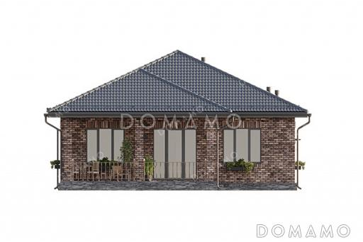 Проект простого одноэтажного дома с большой террасой, вальмовой кровлей, двумя санузлами и тремя спальнями / Фасад 2