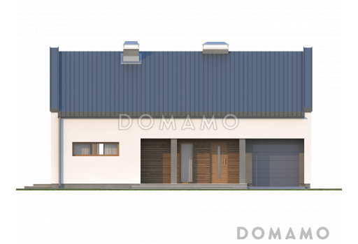 Проект просторного современного одноэтажного мансардного дома из газобетона с большой кухней-столовой, четырьмя комнатами и гаражом  / Фасад 1