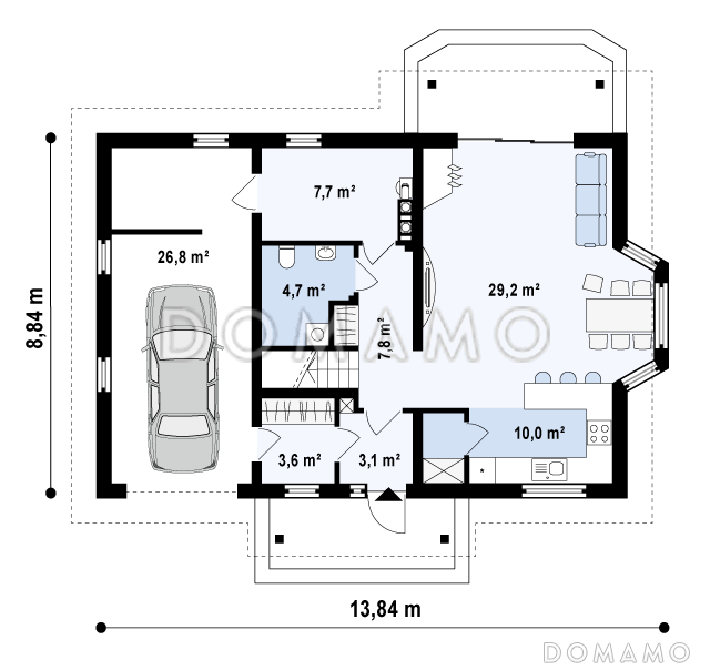 Проект одноэтажного мансардного дома из кирпича с эркером в столовой зоне и со встроенным гаражом / План 1 этажа