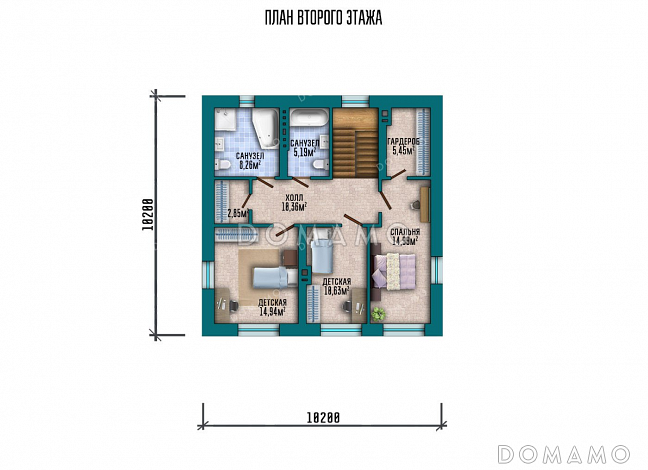 Проект двухэтажного дома с тремя спальнями и вальмовой крышей / План 2 этажа Проект двухэтажного дома с тремя спальнями и вальмовой крышей / План 2 этажа