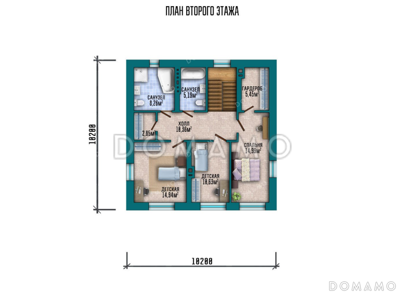 Проект двухэтажного дома с тремя спальнями и вальмовой крышей / План 2 этажа Проект двухэтажного дома с тремя спальнями и вальмовой крышей / План 2 этажа
