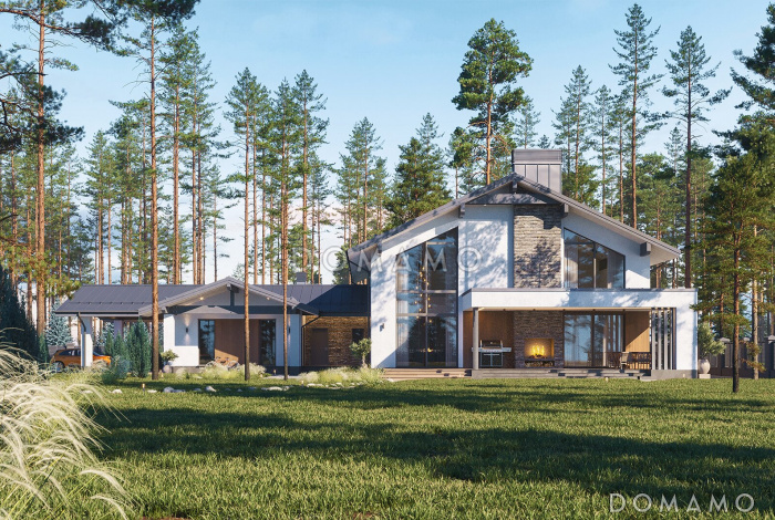 Проект Г-образного дома из газобетона с 3 спальнями, изолированной кухней и зоной барбекю на террасе Проект Г-образного дома из газобетона с 3 спальнями, изолированной кухней и зоной барбекю на террасе