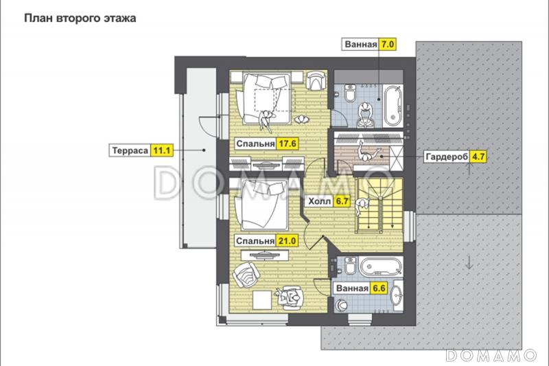 Частный загородный дом с террасой на первом и мансардном этаже, двумя спальнями на мансардном этаже с хозяйской ванной / План мансардного этажа