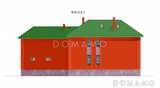 Проект двухэтажного дома с бассейном на цокольном этаже, гаражом и двумя эркерами / Фасад 1