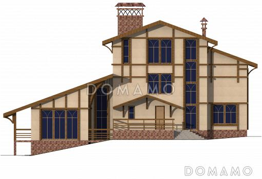 Проект двухэтажного коттеджа с мансардой, цоколем, бассейном и зимним садом / Фасад 2