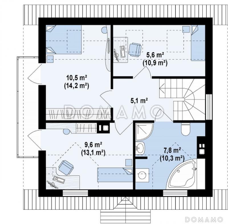 Проект одноэтажного мансардного дома из газобетона с тремя спальнями, балконом и красивыми мансардными окнами / План мансардного этажа