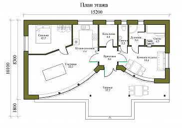 Проект одноэтажной бани с панорамным остеклением, крытой террасой, спальней / План 1 этажа Проект одноэтажной бани с панорамным остеклением, крытой террасой, спальней / План 1 этажа