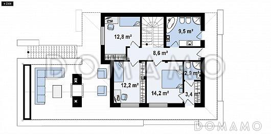 Проект современного двухэтажного дома из газобетона с панорамным остеклением и просторной террасой на втором этаже / План 2 этажа